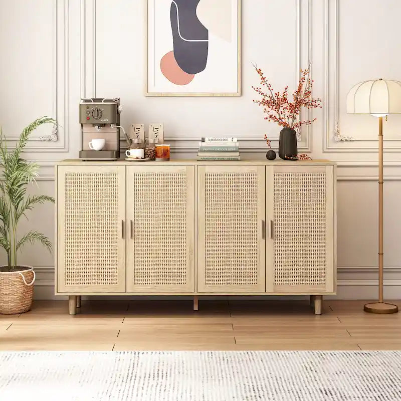 4-Door Rattan Sideboard Cabinet with Solid Wood Legs and Large Storage