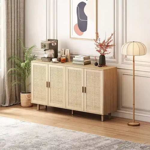 4-Door Rattan Sideboard Cabinet with Solid Wood Legs and Large Storage
