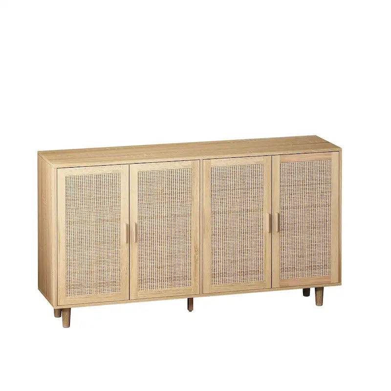 4-Door Rattan Sideboard Cabinet with Solid Wood Legs and Large Storage
