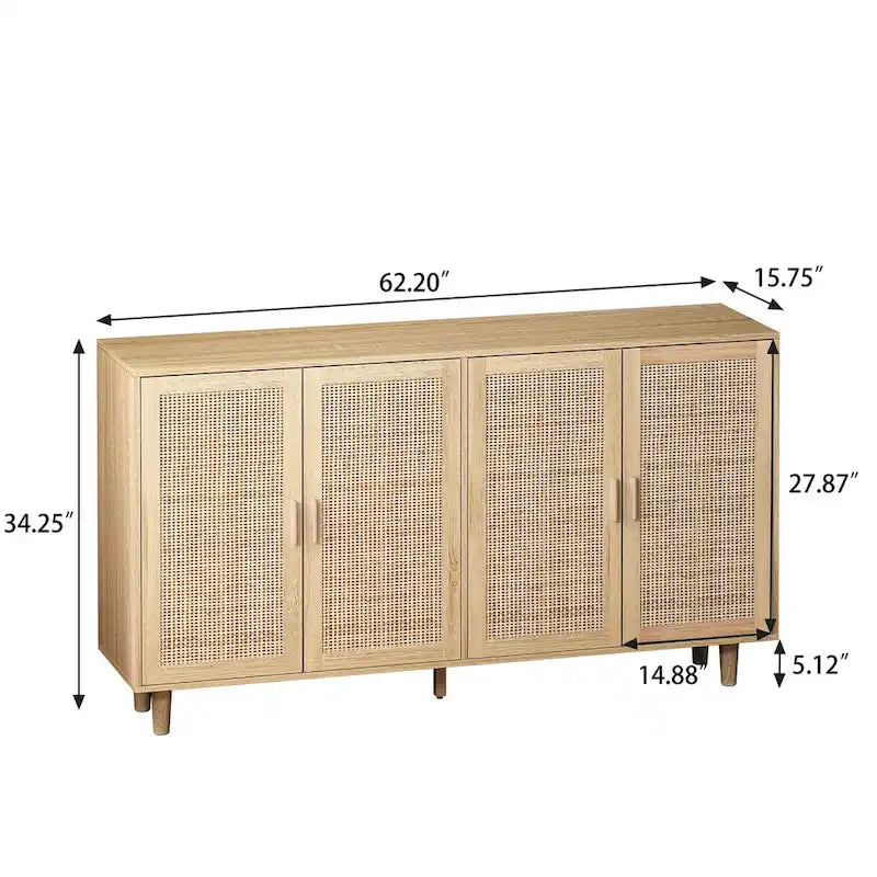 4-Door Rattan Sideboard Cabinet with Solid Wood Legs and Large Storage