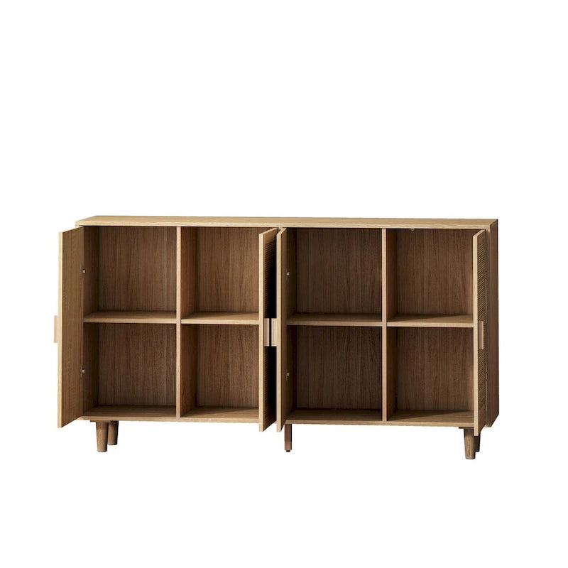 4-Door Rattan Sideboard Cabinet with Solid Wood Legs and Large Storage