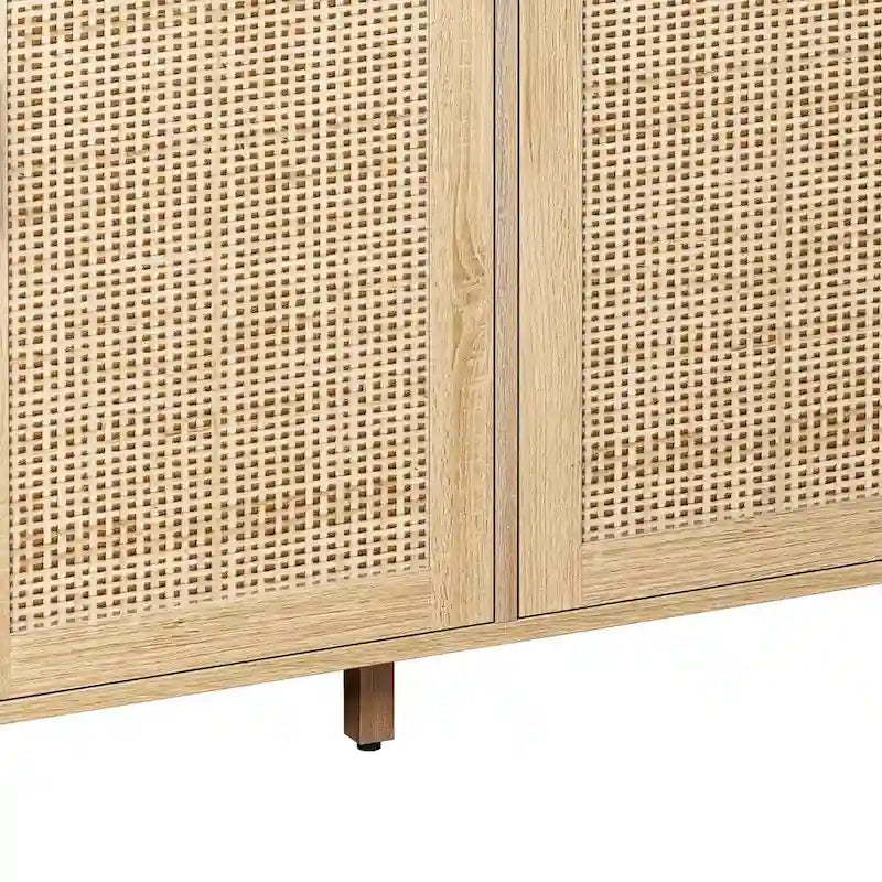 4-Door Rattan Sideboard Cabinet with Solid Wood Legs and Large Storage