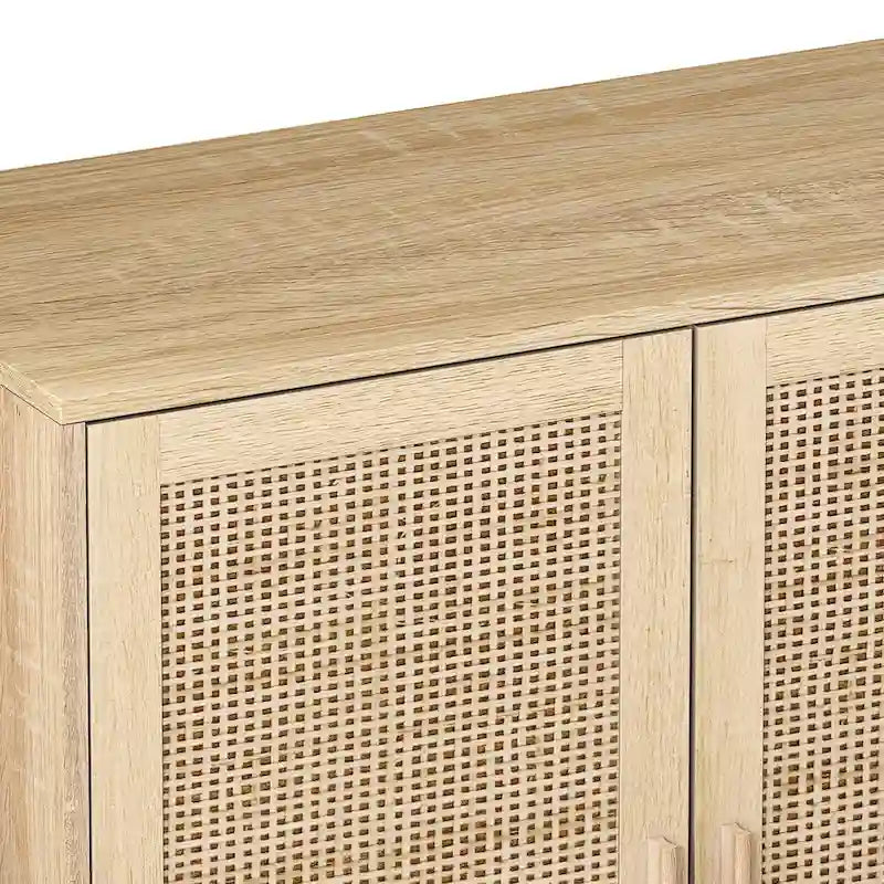 4-Door Rattan Sideboard Cabinet with Solid Wood Legs and Large Storage