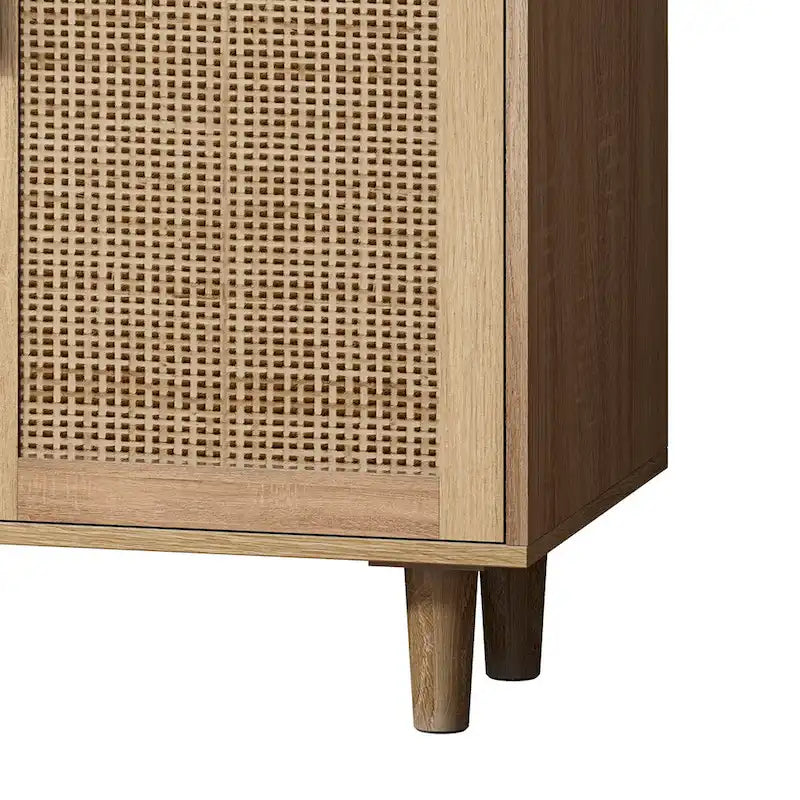 4-Door Rattan Sideboard Cabinet with Solid Wood Legs and Large Storage
