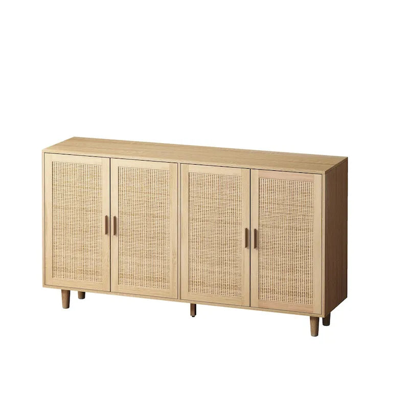 4-Door Rattan Sideboard Cabinet with Solid Wood Legs and Large Storage