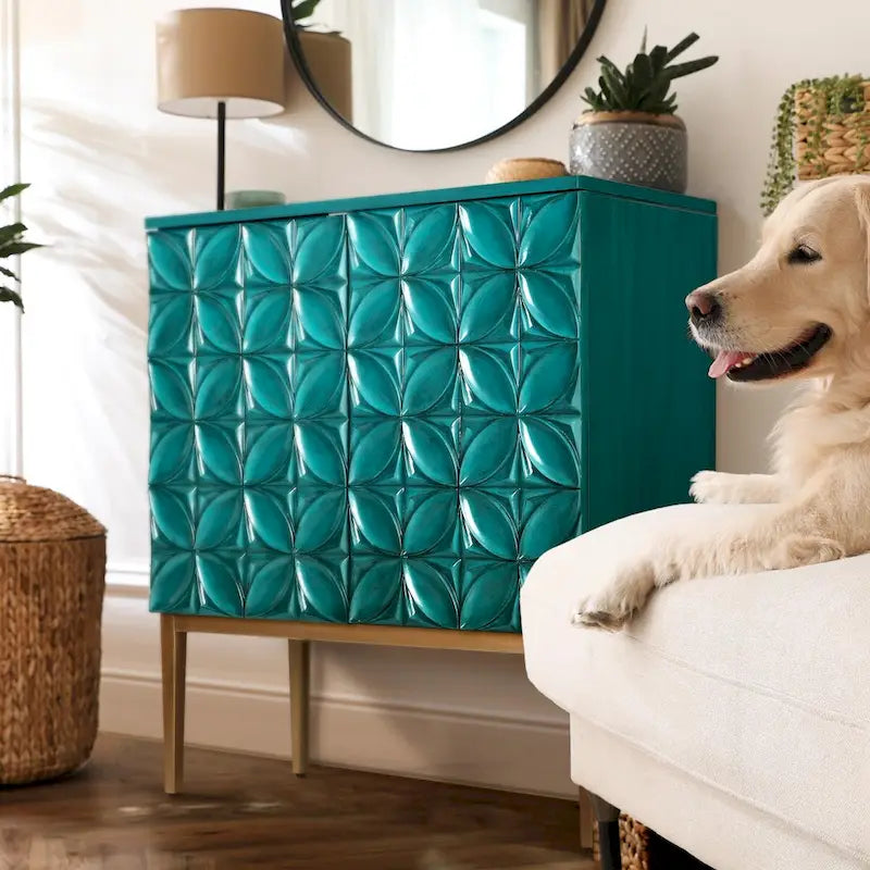 Handcrafted 2-Door Accent Cabinet with Geometric Pattern and Multi-Step Finish