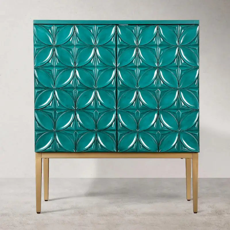 Handcrafted 2-Door Accent Cabinet with Geometric Pattern and Multi-Step Finish