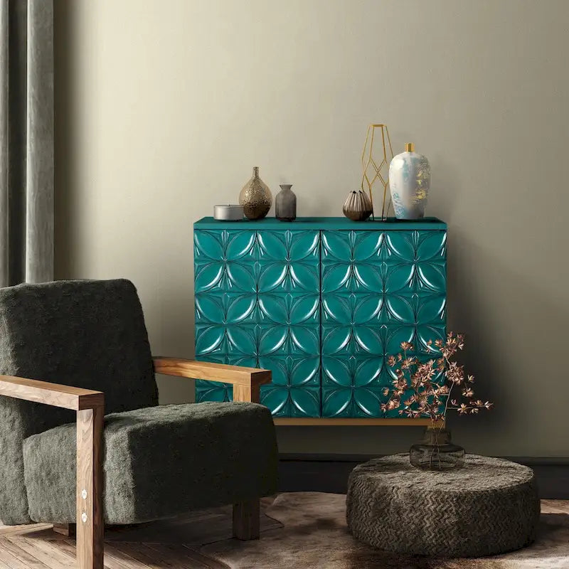 Handcrafted 2-Door Accent Cabinet with Geometric Pattern and Multi-Step Finish