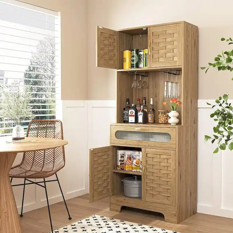 Tall Kitchen Buffet Cabinet with Wine Glass Holder and Microwave Space