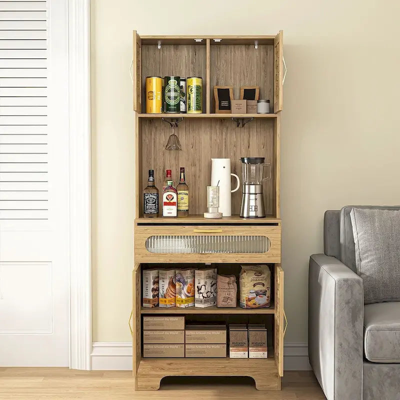 Tall Kitchen Buffet Cabinet with Wine Glass Holder and Microwave Space