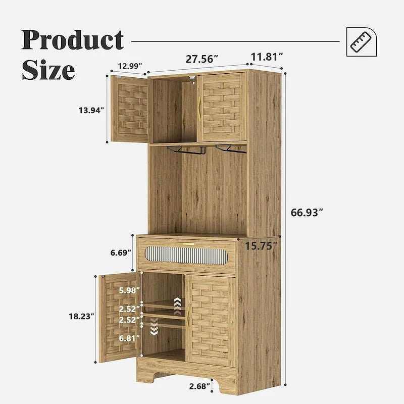 Tall Kitchen Buffet Cabinet with Wine Glass Holder and Microwave Space