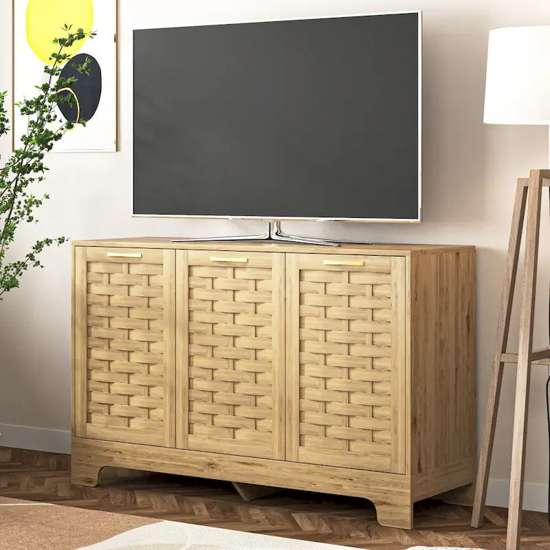 Mid-Century 3-Door Woven Cabinet with Gold Handles