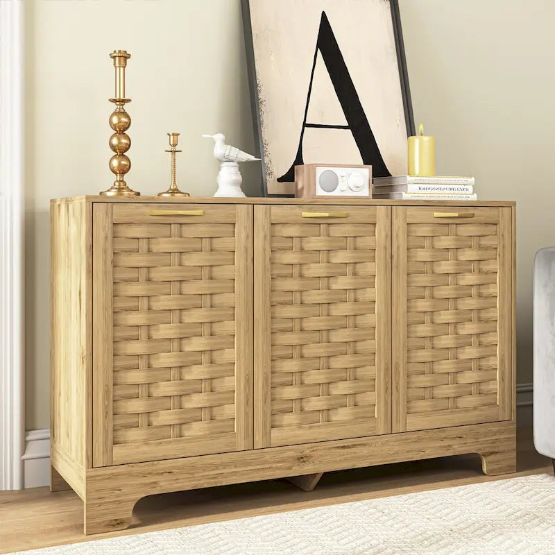 Mid-Century 3-Door Woven Cabinet with Gold Handles