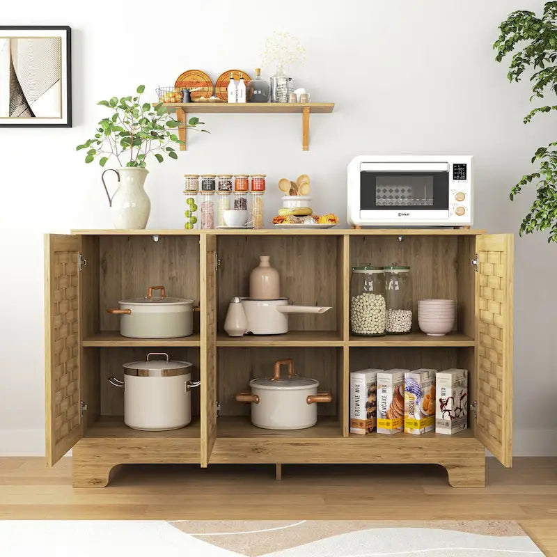 Mid-Century 3-Door Woven Cabinet with Gold Handles