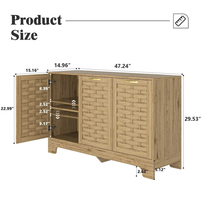 Mid-Century 3-Door Woven Cabinet with Gold Handles