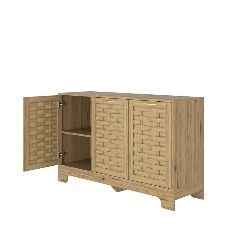 Mid-Century 3-Door Woven Cabinet with Gold Handles