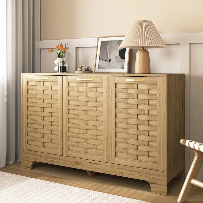 Mid-Century 3-Door Woven Cabinet with Gold Handles