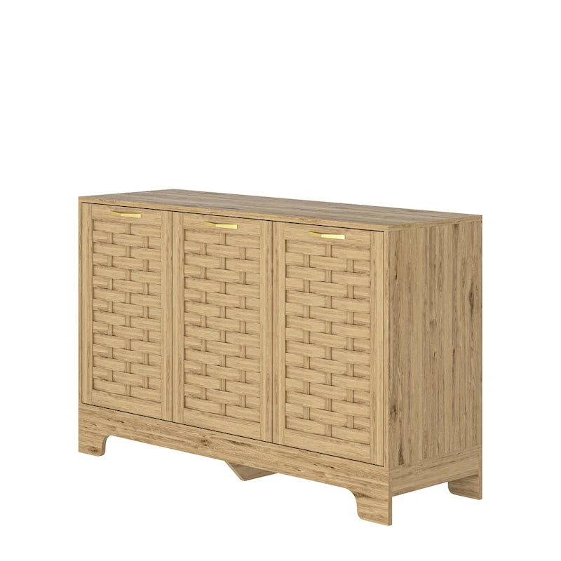 Mid-Century 3-Door Woven Cabinet with Gold Handles