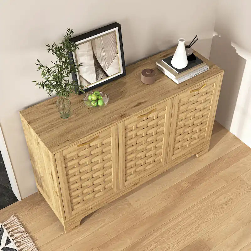 Mid-Century 3-Door Woven Cabinet with Gold Handles