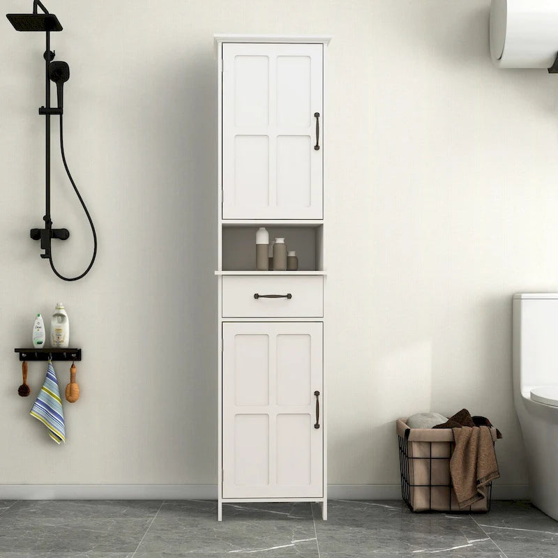 Slim Double Door Floor Cabinet with Open Shelf