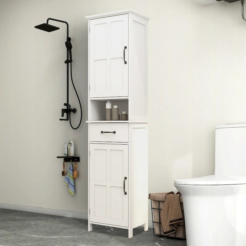 Slim Double Door Floor Cabinet with Open Shelf
