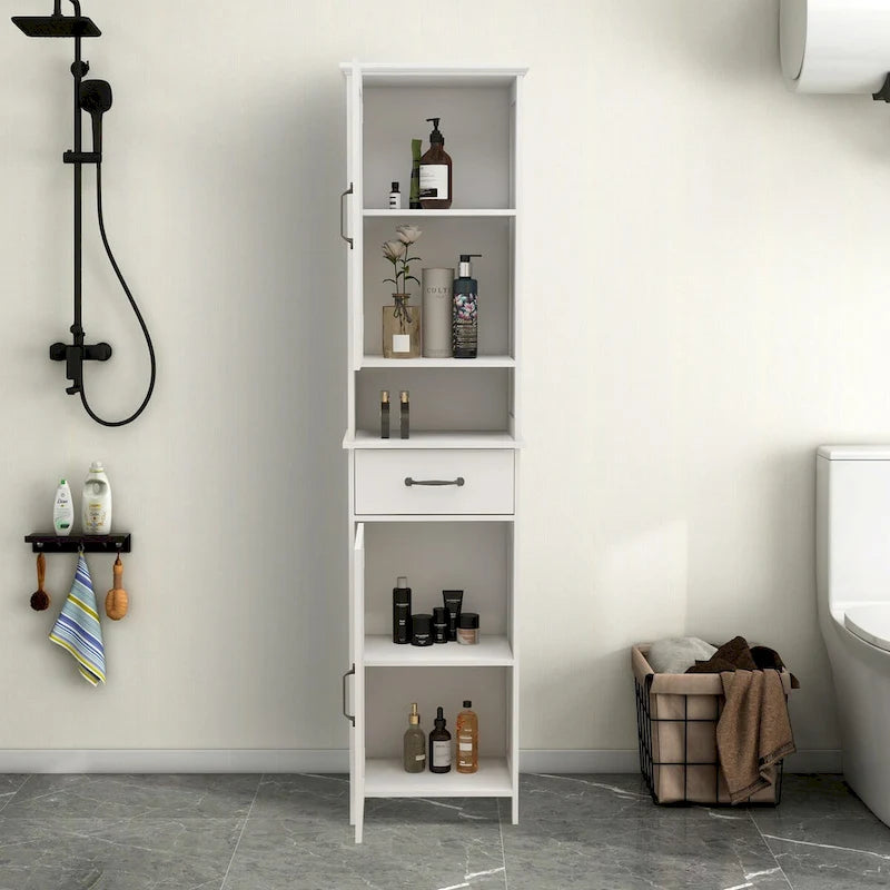 Slim Double Door Floor Cabinet with Open Shelf