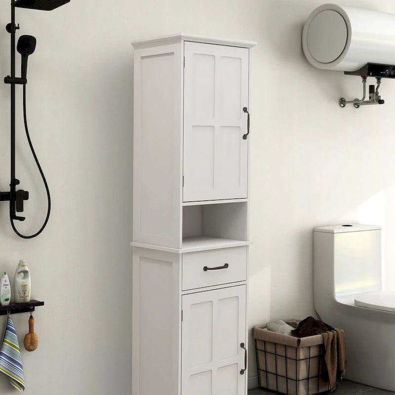 Slim Double Door Floor Cabinet with Open Shelf