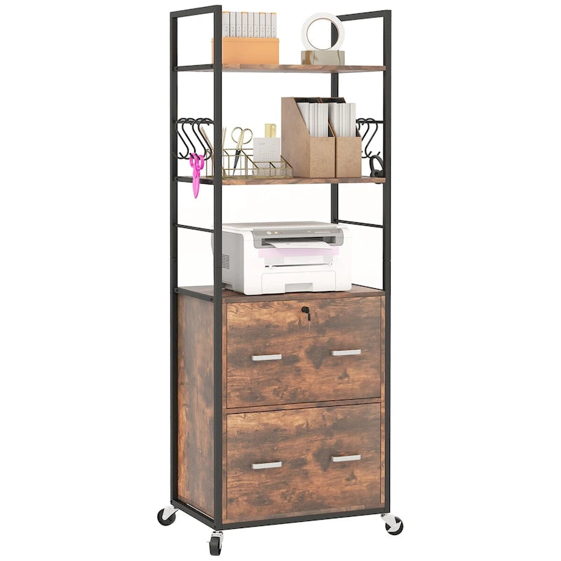 2-Drawer Locking Mobile File Cabinet with Open Shelves and Hooks