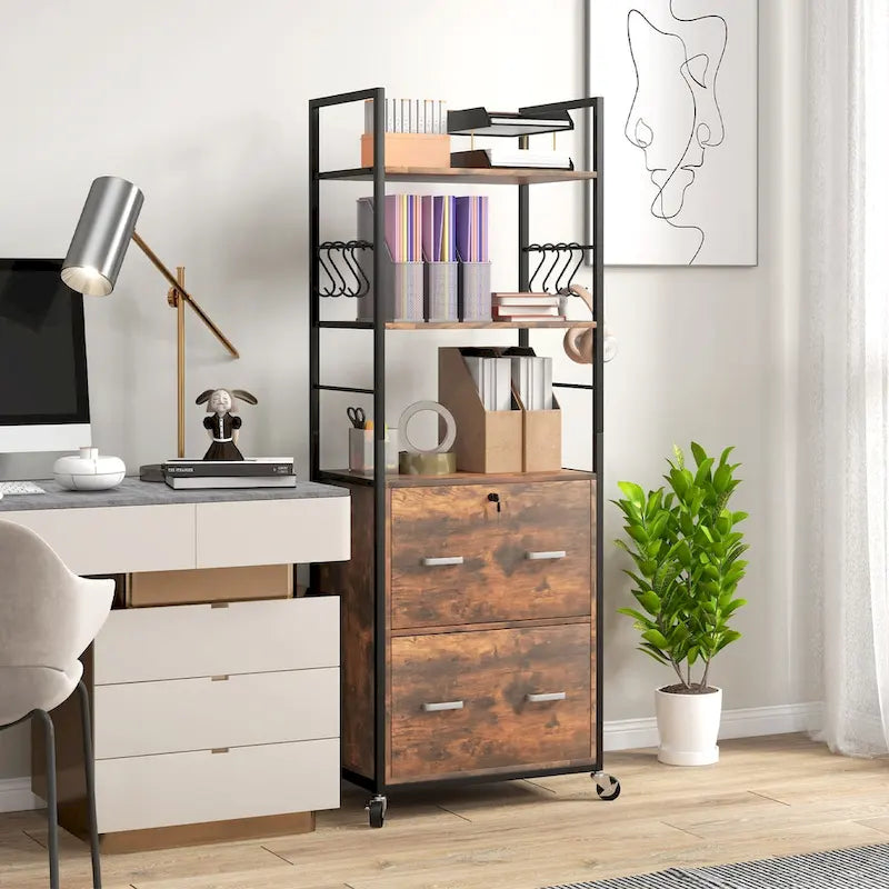 2-Drawer Locking Mobile File Cabinet with Open Shelves and Hooks