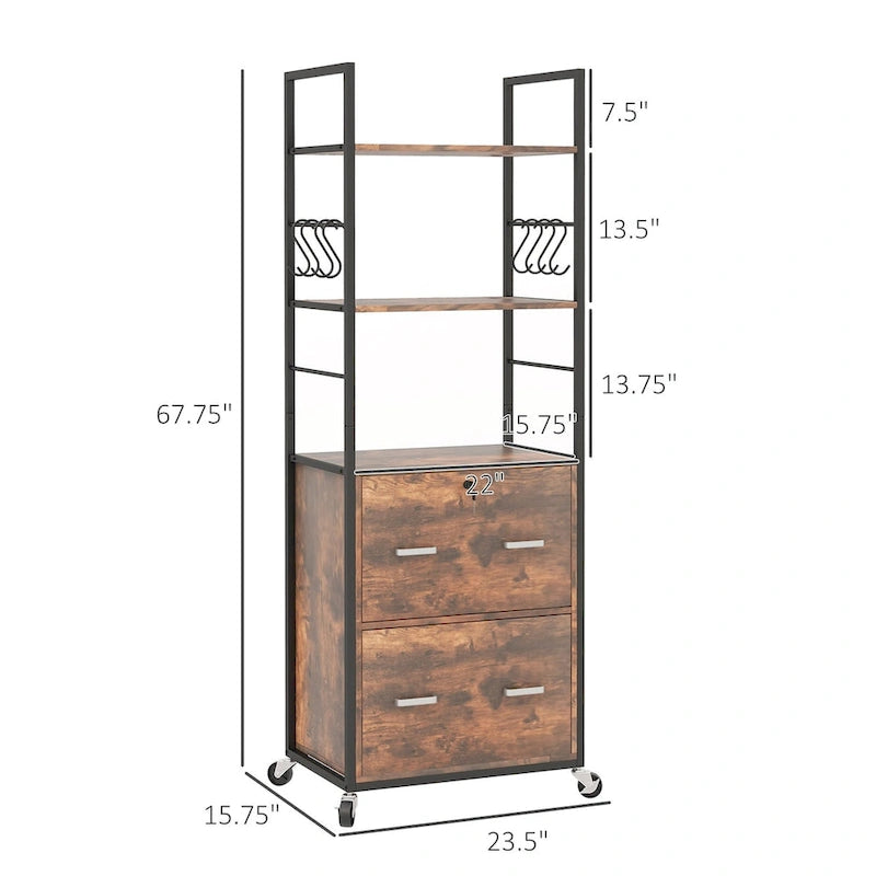 2-Drawer Locking Mobile File Cabinet with Open Shelves and Hooks
