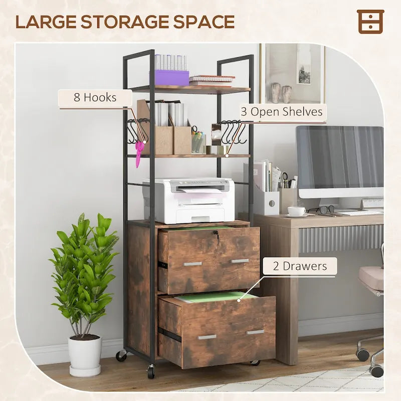 2-Drawer Locking Mobile File Cabinet with Open Shelves and Hooks