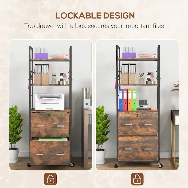 2-Drawer Locking Mobile File Cabinet with Open Shelves and Hooks
