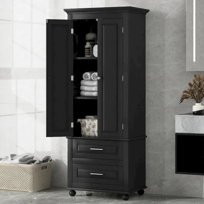Tall Storage Cabinet with Enclosed Shelves and 2 Large Drawers