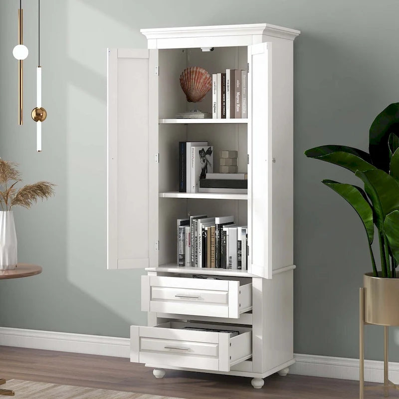 Tall Storage Cabinet with Enclosed Shelves and 2 Large Drawers