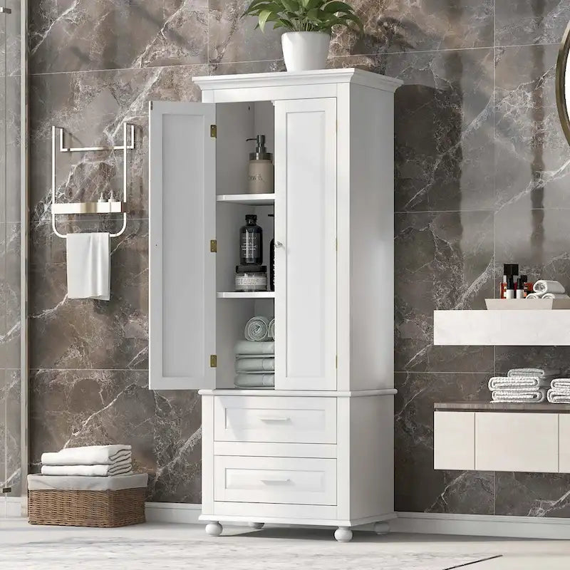 Tall Storage Cabinet with Enclosed Shelves and 2 Large Drawers