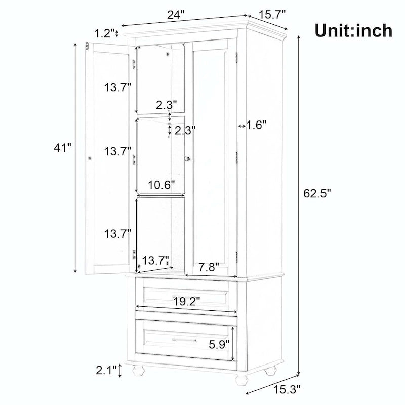 Tall Storage Cabinet with Enclosed Shelves and 2 Large Drawers