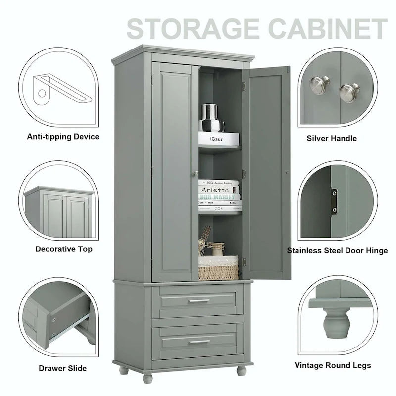 Tall Storage Cabinet with Enclosed Shelves and 2 Large Drawers