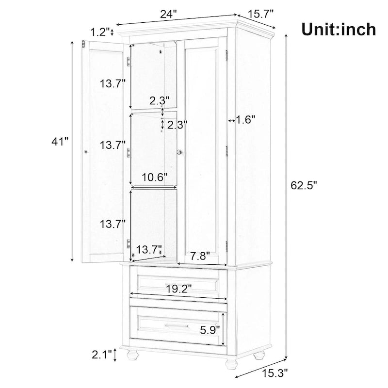 Tall Storage Cabinet with Enclosed Shelves and 2 Large Drawers