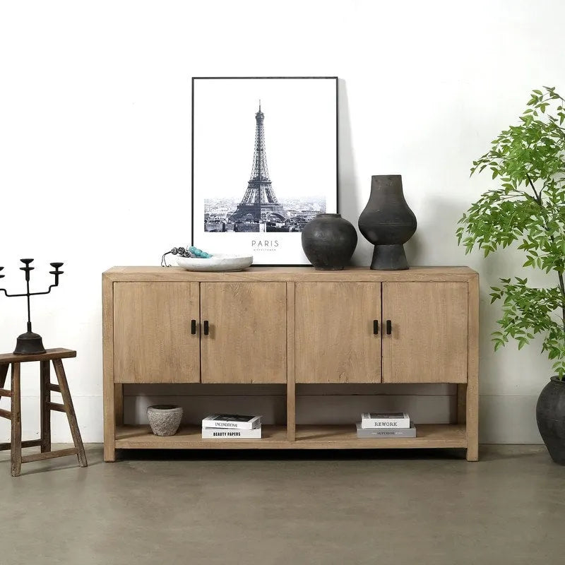 67" Farmhouse 4-Door Sideboard with Shelf in Weathered Natural